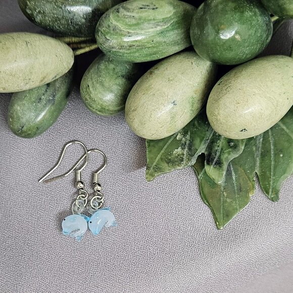 Tiny Blue, Handblown Glass Dolphin Earrings Silver Plate, Coil Ear Wires 1 1/4" - Picture 7 of 7